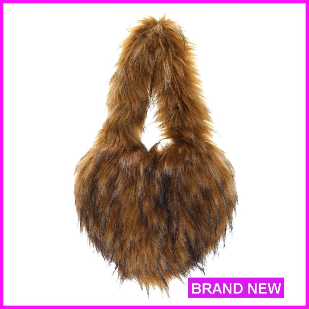 Faux Fur Heart Tote Bag, Winter Handbag with Magnet Closure, 11.1"
